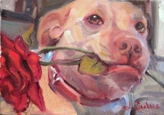 Dorothy Siclare; Lets Tango, 2010, Original Painting Oil, 7 x 5 inches. Artwork description: 241   pit bull, dog, mixed breed, white dog, Dancing Dog, dog with red rose, white dog, party hat, portrait of dog    ...