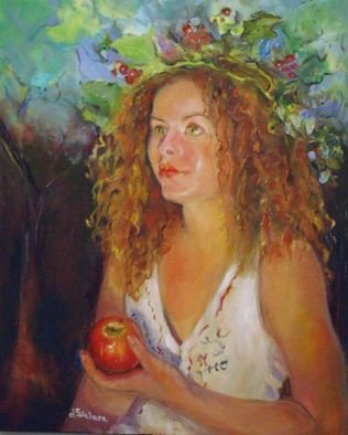 Dorothy Siclare; Mother Earth, 2011, Original Painting Oil, 30 x 36 inches. Artwork description: 241     mother earth, female, woman, woman wearing wreath, wreath of flowers, flowers, earth mother, apple, apples, beautiful woman ...