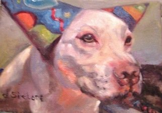 Dorothy Siclare; Party Animal, 2010, Original Painting Oil, 7 x 5 inches. Artwork description: 241  pit bull, dog, mixed breed, white dog, birthday party, dog wearing hat, dog wearing party hat, party hat, portrait of dog   ...