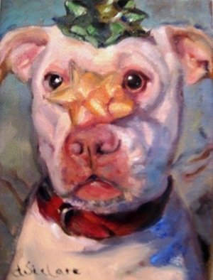 Dorothy Siclare; Party Animal Two, 2010, Original Painting Oil, 7 x 5 inches. Artwork description: 241    pit bull, dog, mixed breed, white dog, dog with bows, dog with bows on his nose, white dog, party dog, portrait of dog, dog at a party    ...