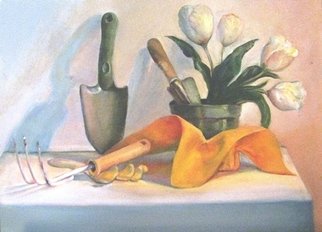 Dorothy Siclare; Spring Planting, 2011, Original Painting Oil, 24 x 18 inches. Artwork description: 241     spring, spring planting, gardening tools, gardening gloves, tulips, flower pot ...