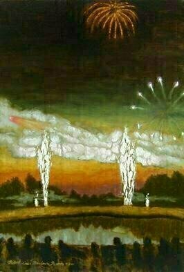 Lou Posner, 'Fourth Of July Fireworks', 2001, original Painting Oil, 18 x 26  x 1 inches. Artwork description: 3495 A local doctor used to put on a very large Fourth of July fireworks display at his farm for hundreds of local residents. ...