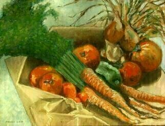 Lou Posner, 'Garden Harvest', 1979, original Painting Oil, 18 x 14  inches. Artwork description: 4287 The produce from our garden in Portland, Connecticut, on a brown paper bag, still warm and dirt- caked. [ SOLD 8- 8- 01]...