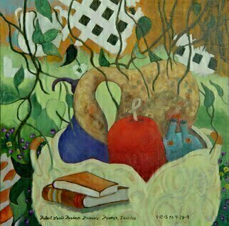 Lou Posner, 'Gourds', 2018, original Painting Oil, 18 x 18  x 1 inches. Artwork description: 1911 A backyard patio filled with plants, books, painting gear, white lattice, gardening tools, homemade cabinet and GOURDS. ...