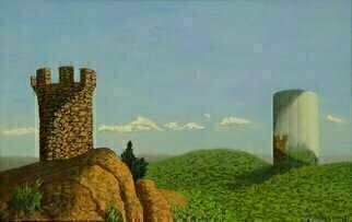Lou Posner, 'Meriden Turret', 1982, original Painting Oil, 16 x 10  x 1 inches. Artwork description: 2307 Somebody built this beautiful, real turret near Meriden on a hilltop accessible to the public.  I added a gigantic 9 16 in.  autho mechanic s socket, with the turret reflected in its polished surface.  That s why it is listed as afantasy painting.  Painted plein- aire.  Lattice- ...