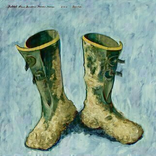 Lou Posner, 'Muddy Boots', 2011, original Painting Oil, 26 x 26  x 1 inches. Artwork description: 3495  On Dec.  16, 2010, while helping my wife scrape ice off her car windshield, I slipped on black ice and put most of my back muscles into a spasm that had me having to sit up in order to sleep for months plus seven months worth of ...