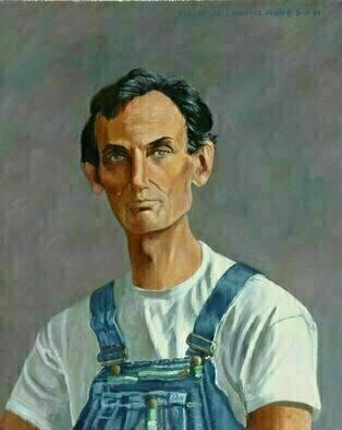 Lou Posner, 'Portrait Of Abe Lincoln I...', 1998, original Painting Oil, 18 x 22  x 1 inches. Artwork description: 4287 No. 4 in the bib overalls series. Signed on Aug. 31, 1998. Spent boyhood years down the road from here.  Author of the Gettysburg Address. See second version of Abe....