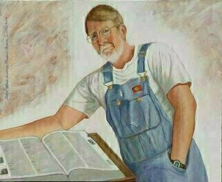 Lou Posner, 'Portrait Of David Robbie ...', 2004, original Painting Oil, 22 x 18  x 1 inches. Artwork description: 4287 No. 9 in the bib overalls and white T- shirt series, begun in Perry County, Indiana, in 1994.  Signed on Aug. 11, 2004. This is the first in the series to employ a HORIZONTAL format and a light- colored background.  It is also the first in which ...
