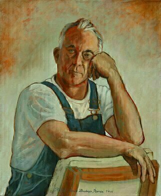 Lou Posner, 'Portrait Of Klaus Rohrich...', 2006, original Painting Oil, 18 x 22  x 1 inches. Artwork description: 4287 No. 12 in the bib overalls and white T- shirt series begun in 1994.  Signed on July 4, 2006.  Klaus is a Canadian, a businessman, political commentator, chef, hunter, fisherman, gardener, sculptor, cartoonist, graphic designer, photographer, cattle rancher, yachtsman and connoisseur of fine Scotches. ...
