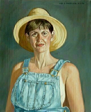 Lou Posner, 'Portrait Of Mary  Posner ...', 1998, original Painting Oil, 18 x 22  x 1 inches. Artwork description: 4287 No. 5 in the bib overalls and white T- shirt series.  Signed on Sept. 7, 1998.  The only female in the series.  Clinical psychologist. The artist' s wife....