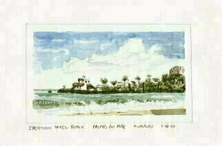 Lou Posner, 'Sheraton Beach Hotel Puer...', 2010, original Watercolor, 6.8 x 4.5  inches. Artwork description: 7059  A beautiful day in Puerto Rico Watercolor and pencil on paper.  Some masking tape lines still visible. ...