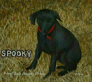 Lou Posner; Spooky, 2016, Original Painting Oil, 16 x 14 inches. Artwork description: 241 This adopted stray dog ran away and never returned to its owner.  He is my imaginarydoggie.  ...