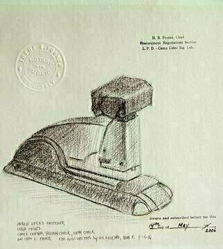 Lou Posner, 'Staple Gun', 2006, original Drawing Other, 6 x 6  x 1 inches. Artwork description: 5079 1939 Parrot 3 staple gun.  Precursor of Swingline products.  Black conte, traces of brown and gray chalk, Scrip permanent black ink, rubber stamps with black ink, and embossed seal on 18th century cream paper.  About growing up on South Broad Street in Trenton, New Jersey.  Private collection, ...