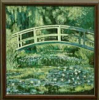 Lou Posner, 'Waterlilies And Japanese ...', 1987, original Painting Oil, 18 x 18  x 1 inches. Artwork description: 5079 Provenance: commissioned by Theresa McClure; given to McClure by the artist gratis; given by McClure to Carol Ann Morrow; given by Morrow to Mildred C. Munchel; bequeathed ( 2008) by Mildred Munchel to Melanie Chacon of Indianapolis, Indiana.  Framed.  ...