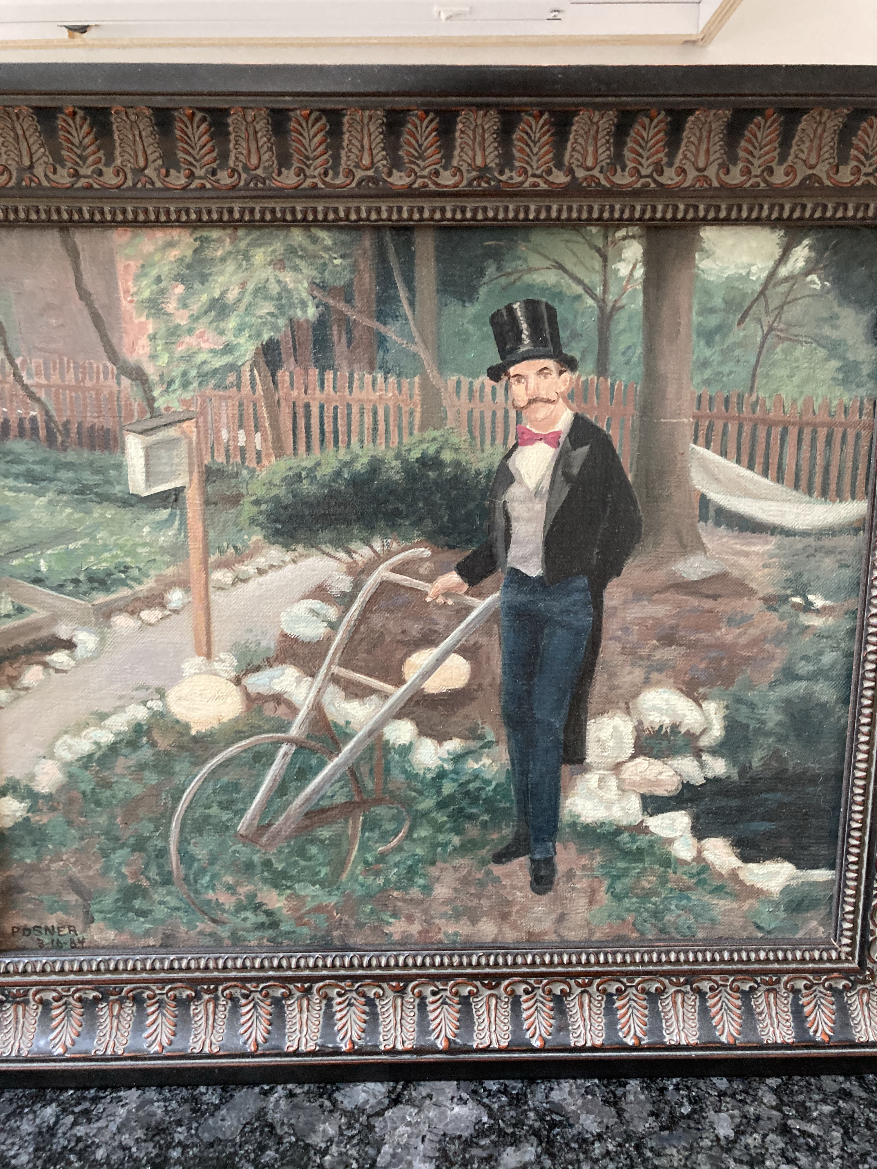Lou Posner; Gentleman Farmer, 1984, Original Painting Oil, 12 x 10 inches. Artwork description: 241 A good friend and neighbor poses in formal wear in the magical vegetable and flower garden he created in our joint backyard on W. 4th St. , Westville, Connecticut.Collection, the estate of Thomas Emerson Horton, aka, Sandman.  Passed away on June 28, 2022. ...