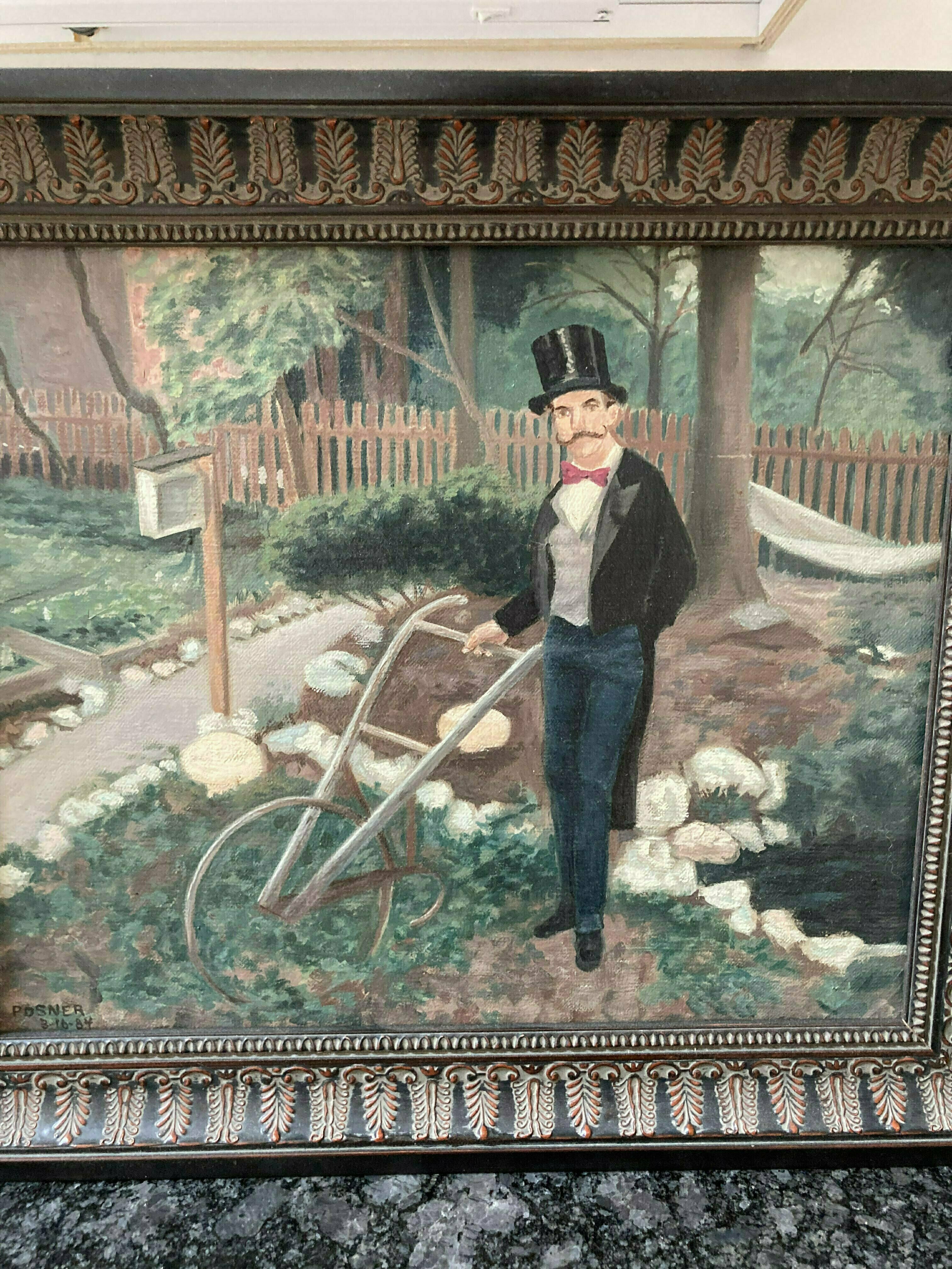 Lou Posner; Gentleman Farmer, 1984, Original Painting Oil, 12 x 10 inches. Artwork description: 241 A good friend and neighbor poses in formal wear in the magical vegetable and flower garden he created in our joint backyard on W. 4th St. , Westville, Connecticut.Collection, the estate of Thomas Emerson Horton, aka, Sandman.  Passed away on June 28, 2022.  In the possession of ...