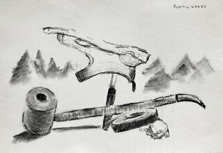 Lou Posner; Harris Peace Pipe Ed Best 2, 2023, Original Drawing Charcoal, 11 x 8.5 inches. Artwork description: 241 A drawing for Sam Harris.  Reflective of my disturbed mind at the moment  7- 29- 23 .  The peace pipe was my dad s: he was was a Scoutmaster for 25 years.   ...