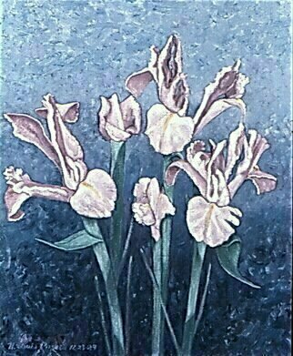 Lou Posner; Irises, 1984, Original Painting Oil, 18 x 22 inches. Artwork description: 241 I was commissioned to paint irises to match someone s office decor color scheme. . .  Collection J.  L. , Connecticut...