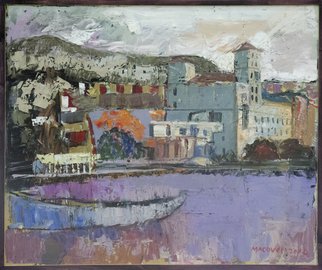 Dumitru Macovei; Boat In Golf, Balchik, 2014, Original Painting Oil, 100 x 85 cm. Artwork description: 241   balchik, port, boat, bay, water, beach, purple, city, landscape, coast, sea  ...