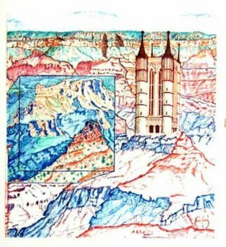 Jack Earley, 'Cathedral In The Canyon', 1993, original Drawing Pen, 17 x 19  inches. Artwork description: 2703  This drawing mixes architecture and the Grand Canyon to convey the feeling the Canyon evokes for me that is, being in the presence of cathedrals.  The drawing is on acid- free museum paper and is unframed. ...