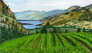 Ralph Eastland; Hawthorne Mountain Vineyard, 2006, Original Watercolor, 14 x 11 inches. Artwork description: 241  Hawthorne Mountain is a watercolor view of the vineyard overlooking Skaha Lake in the Okanagan valley. price is framed, inquire for  unframed pricing.  ...