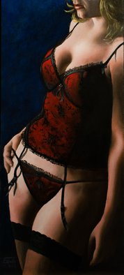 Edwin Ijpeij; Mysterious Girl, 2019, Original Painting Oil, 31 x 70 cm. Artwork description: 241 Original. Tempera And Oilpaint On PanelWho is this beautiful Girl in this spicy red corset  What is she doing  Is she standing in her boudoir, in her sleeping room, in a hotel room or somewhere else We all donaEURtmt know. However, we do know that ...