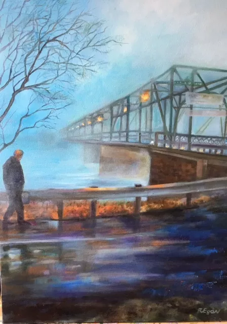 Renee Pelletier Egan; Man At A Misty Bridge, 2019, Original Painting Oil, 18 x 24 inches. Artwork description: 241 This painting shows the intensity of the early morning mist with a man walking toward a bridge in the early morning hours. The mist is an aqua color as the bridge s warm light shines upon the man. ...