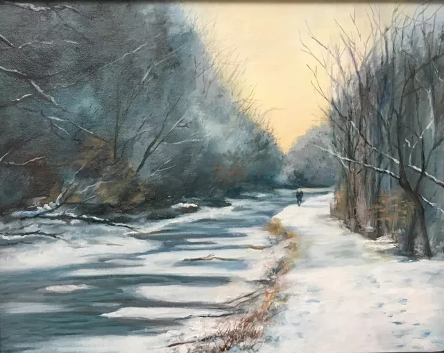 Renee Pelletier Egan; Winter Bike Ride, 2019, Original Painting Oil, 26 x 22 inches. Artwork description: 241 This winter painting shows the play of a warm winter sky versus a cool snowy riverbank with a man in the distance riding a bike. ...