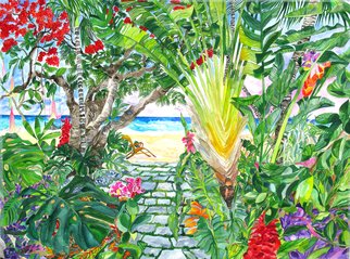 Eileen Seitz; Thru The Poincianas, 2019, Original Watercolor, 30 x 22 inches. Artwork description: 241 natural tropical landscape, Poinciana s, pathway to the beach...