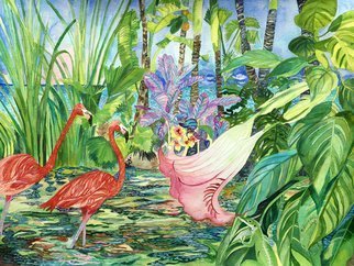 Eileen Seitz; Where The Lizard Lives, 2020, Original Watercolor, 24 x 18 inches. Artwork description: 241 flamingos, lagoon, belladonna flower walking ...