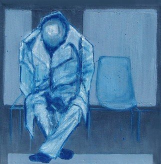 Elizabeth Bogard, 'Jet Lag', 2011, original Painting Acrylic, 12 x 12  x 2 inches. Artwork description: 2307  man, person, chairs, seats, waiting, blue, travel, station, seated, tired, exhausted, asleep, dreaming, waiting, layover, sleeping, lonely, alone, airport, train, bus, bus station,  ...