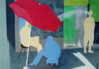 Elizabeth Bogard, 'Under the Umbrella', 2010, original Painting Acrylic, 33 x 22  x 2 inches. Artwork description: 1911  friends, boys, Italy, Spain, sidewalk, urban, cityscape, shoes, umbrella, tourists, tourist, male, men, boy, teen, teens, shoeshine, summer, hat, blue, red, white, gray  ...