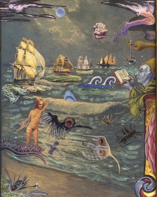 Elena Mary Siff; Tale Of The Tall Ships, 2018, Original Collage, 8 x 10 inches. Artwork description: 241 surreal scene of tall ships with woman and sealife...