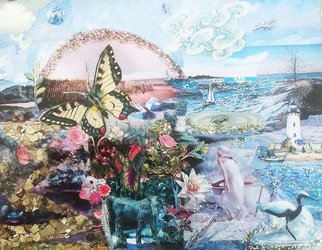 Elena Mary Siff; Upislnd, 2016, Original Collage, 11 x 9 inches. Artwork description: 241 Sea, ocean, island, butterfly, lighthouse...