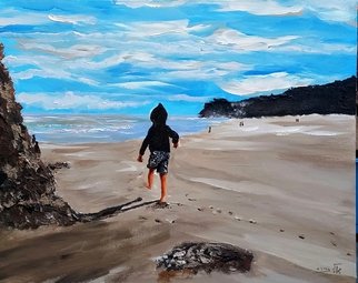 Eli Gross; Children Have Their Play ..., 2016, Original Painting Acrylic, 50 x 40 cm. Artwork description: 241  child, sea, shore, storm, landscape ...