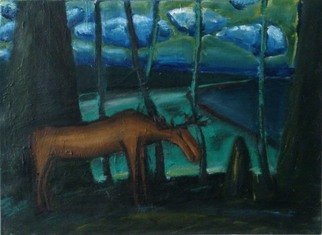 Vyacheslav Panichev; Moose, 2016, Original Painting Oil, 50 x 36 cm. Artwork description: 241 forest, field, edge, glade, lawn, meadow, woodlands, Moose...