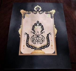 Engin Bostan; Teala, 2020, Original Calligraphy, 60 x 74 cm. Artwork description: 241 Predominantly black and gold colored calligraphy painting on special cardboard.  One of God s names.  Used real gold dust and polished with Agate stone. ...