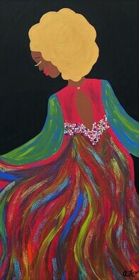 Adrienne Lewis; Glitter And Rhinestone, 2020, Original Painting Acrylic, 24 x 36 inches. Artwork description: 241 This golden haired beauty is free and her dress flows with glam and glitter.  With rhinestone texture, she is fashion and color all in one. ...