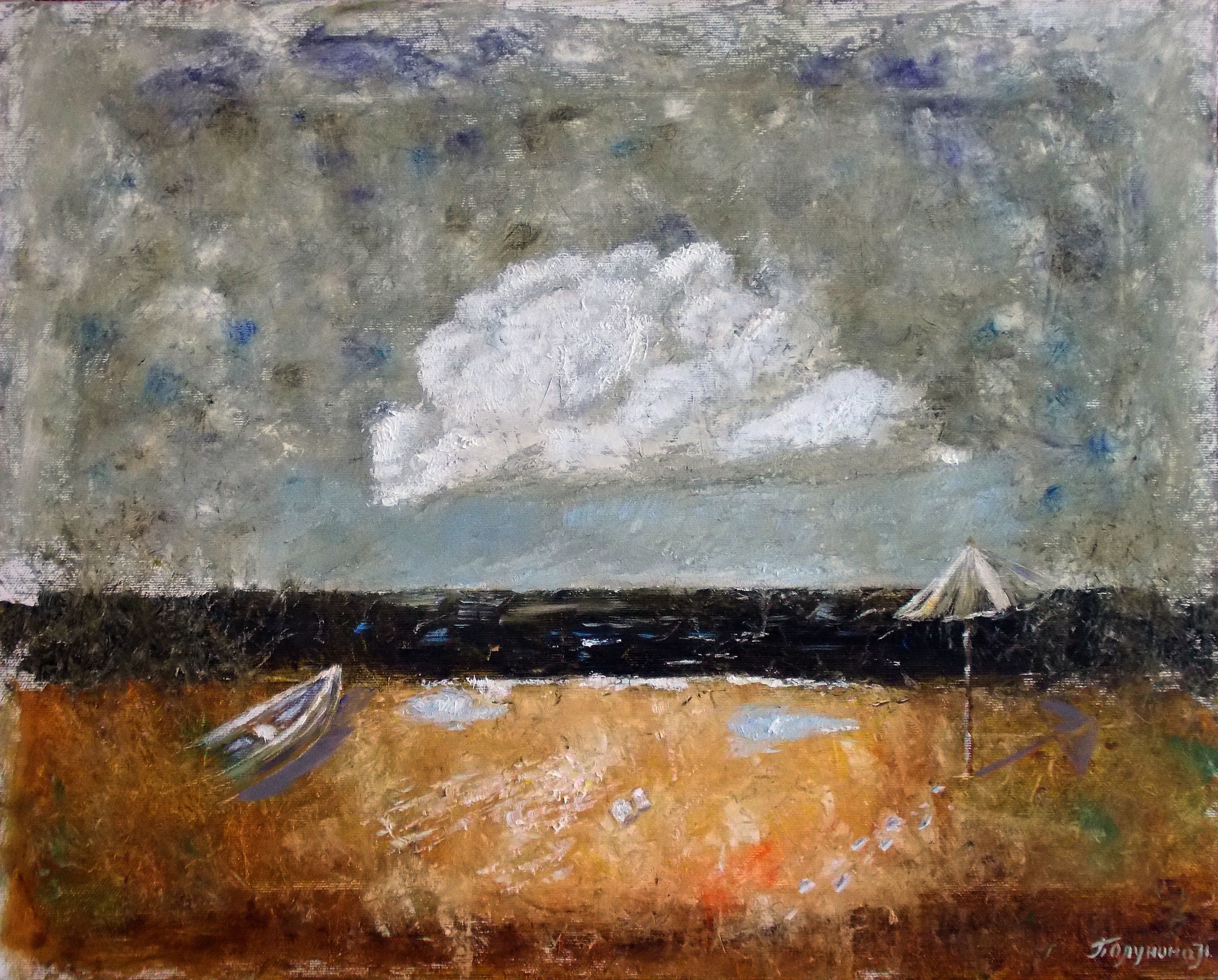 Nina Polunina; Just A Cloud, 2016, Original Painting Oil, 20 x 16 inches. Artwork description: 241 Just a cloud.  And someones footprints.  That kind of mood.Work done with a palette knife.  Mounts.  Ready to hang.Beach, Sea, Seascape, White Cloud, Brown, Oil Painting, Palette Knife, Landscape With Cloud, Modern Impressionism, Medium...