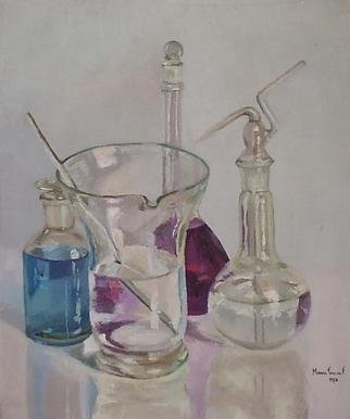 Maria Teresa Fernandes; Blue Chemistry, 1974, Original Painting Oil, 20 x 22 inches. Artwork description: 241  glass behind glass is a challenge, mainly in clear background and painted with palette knife, not brush   glass against a clear background is a big challenge to any painter                    ...