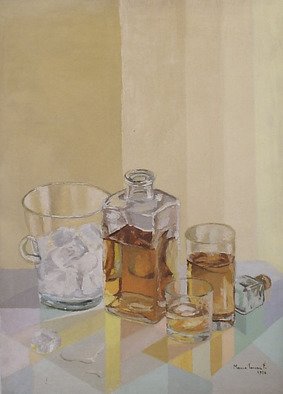 Maria Teresa Fernandes; Bottled Yellow, 1976, Original Painting Oil, 1 x 22 inches. Artwork description: 241  many barriers : transparent objects, volumes, reflexes, refractions, a clear background usually avoided by painters, palette knife instead of brush, changing daylight   glass against a clear background is a big challenge to any painter                     ...