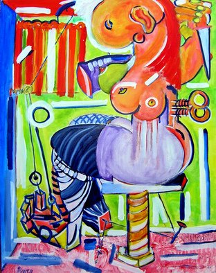 Eric Henty; A Woman Freed, 2008, Original Painting Oil, 22 x 28 inches. Artwork description: 241  This brightly colored cubist artwork reveals a woman trying to cut the bonds that are keeping her captive. Colorful, bold, composition, and conversation piece  ...