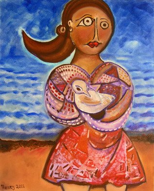 Eric Henty; Leah And Her Bird, 2011, Original Painting Oil, 24 x 30 inches. Artwork description: 241  A girl standing on the ocean' s edge with her bird. Symbolic of many things. The light bursting through the sky in the background indicates a bright future.   ...