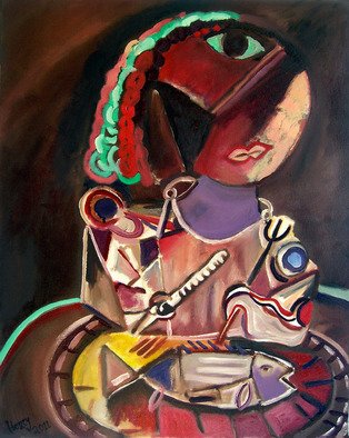 Eric Henty; Woman Contemplating While..., 2011, Original Painting Oil, 24 x 30 inches. Artwork description: 241  A cubist artwork that sparks the imagination and is a conversation piece. The vivid colors of the woman are very lively in contrast to the dark brown background.   ...
