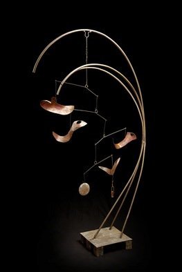Eric Jacobson; Fountain Mobile Series II, 2009, Original Sculpture Other, 3.6 x 6 feet. Artwork description: 241  This sculpture is made up of 3 curving brass tubes framing and supporting a mobile of organic handlike forms which move and interact.          ...