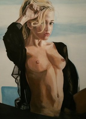 Karin Tart; Seduction, 2016, Original Painting Oil, 60 x 80 cm. Artwork description: 241  A Blonde, wearing a black open blouse, her bossom is partly visible; she has this 