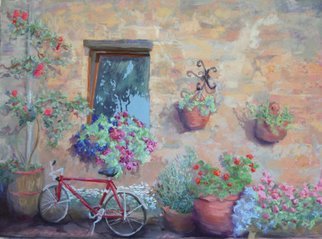 E S Desanna; Spring Day In Sovana, 2007, Original Pastel, 22 x 16 inches. Artwork description: 241 28x22 gold frame with off- white mat.  Driving leisurely from Siena to Rome, I visited this tiny hill town in southern Tuscany.  There were tubs of flowers everywhere I thought the bicycle was an interesting counterpoint to the stone walls and all the flower pots. ...