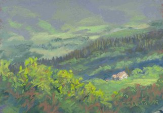 E S Desanna; Tuscan Morning, 2005, Original Pastel, 7.5 x 5.25 inches. Artwork description: 241  14x11 simple gold frame with off- white mat.  I painted the spectacular view from my rented villa several times.  This was a brisk morning in May, when the sun was just getting high enough to highlight the casa down below. ...