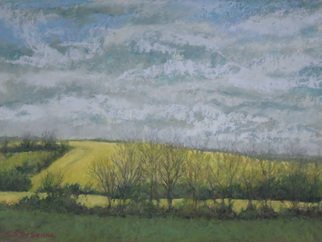 E S Desanna; Fields Under An English Sky, 2019, Original Pastel, 16 x 12 inches. Artwork description: 241 After a week of painting at West Dean, I sat in the window seat of the bus to Chichester UK. It was April, and the blooming rape fields were brilliant yellow against a cloudy sky. I shot several photos from the moving bus to use for studio ...