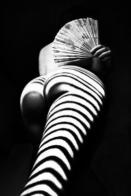 Mikhail Faletkin; Zebra With A Fan, 2017, Original Photography Black and White, 60 x 90 cm. Artwork description: 241 In this work, a fan is added to the shadows of the  zebra  type. The lower angle is used. The shadow of the zebra reaches the middle of the body of the model and, as it were, accumulates in the fan . . .Limited signed edition 2 of 10...